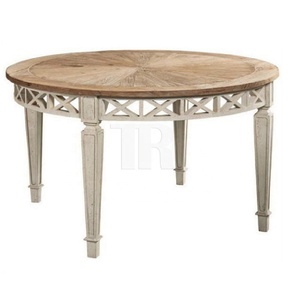 Mesa de Comedor Redonda de Pino Reciclado con Diseño de Rayas Sunburst y Delantal Blanco con Rejilla - Product Image 1