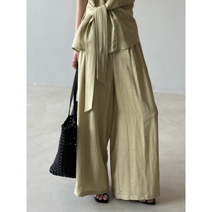 ชุดเซ็ต 2 ชิ้น เสื้อเชิ้ตผ้าลินินคอวีผูกเอว กางเกงขายาวทรงกว้าง แฟชั่นสำหรับผู้หญิง - Product Image 2