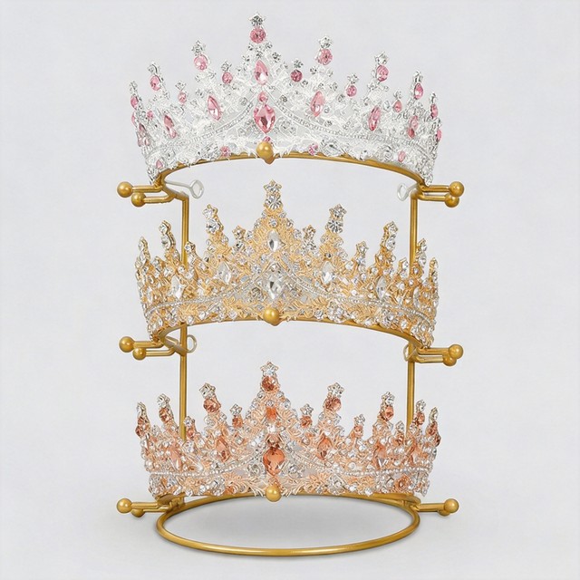 3 Tier Gold Crown Display Stand Metal Tiara Holder Multi Layer Jewelry Display Organizer Anti Slip Ball Base