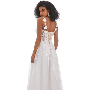 White A-Line Chiffon Wedding Dress V-Neck Floral Print Straps Natural Waistline - Product Image 4