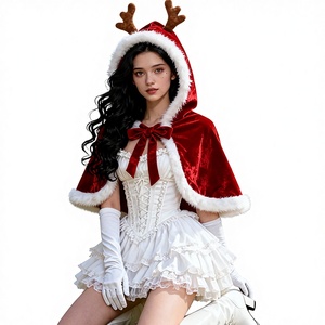 Châle court en velours rouge pour <span class=keywords><strong>femme</strong></span>, avec garniture en bois de <span class=keywords><strong>renne</strong></span> de Noël, style Lolita, pour costumes de télévision et de cinéma - Product Image 6