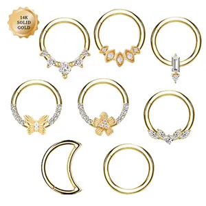 14k Real Solid Gold Flat Back CZ Earrings Unisex Straight Bar Zircon Nose Ring Stud Piercing for Engagement