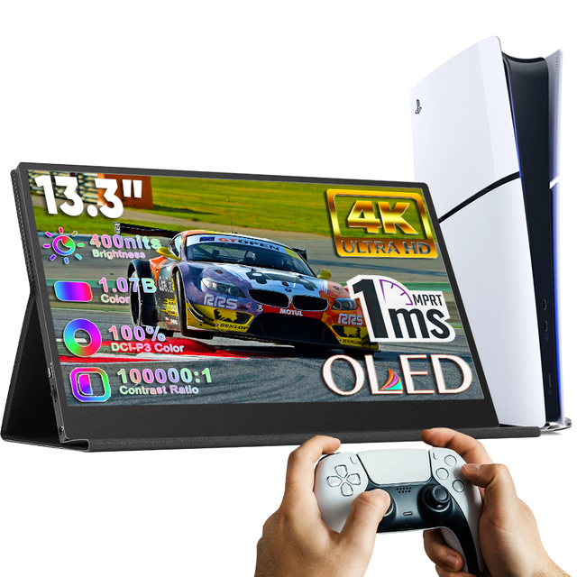 13.3 Inch Portable Gaming Monitor OLED with FHD Screen 1ms Response Time 100% DCL-P3 Mini PC 4K IPS for Business Black