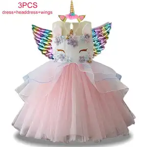 Fantasia Della Principessa Colorful Unicorn Dress + Fascia + Ala Battesimo Battesimo Del Costume Del Bambino Delle Ragazze del vestito di Compleanno