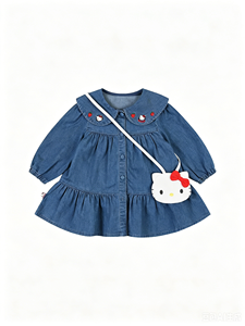 <strong>Hello</strong> <strong>Kitty</strong> Embroidered Baby Girl Denim <strong>Dress</strong> Long Sleeve Peter Pan Collar Tiered Casual <strong>Dress</strong> for Toddler Girls - Product Image 2