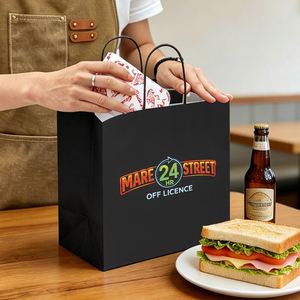 Sacs d'emballage alimentaire à emporter en papier kraft noir écologique et recyclable avec logo personnalisé pour la livraison en restaurant et bar - Product Image 5
