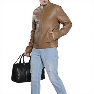 <b>Men</b> Genuine <b>Leather</b> Heated <b>Jacket</b> Mandarin Collar Zipper Closure Casual Slim Fit Winter Wear Light <b>Brown</b> Color Regular Front - Product Image 1