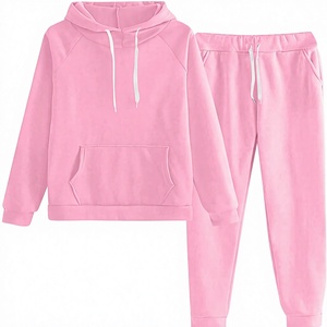 Unisex <b>Pink</b> Hooded 2 in 1 Heavyweight <b>Tracksuit</b> 100% Cotton Casual Full Length Sweatshirt Pants <b>Set</b> with Drawstring Side Pockets - Product Image 1