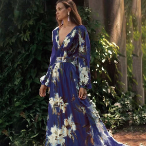 Vestido estilo francés con cuello en V y mangas largas, cintura natural, estampado liso, estilo vacacional otoño/invierno, falda maxi acampanada - Product Image 5