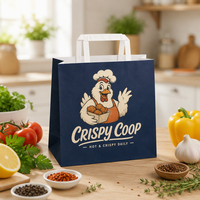Sacs en papier bleu marine personnalisés avec poignées plates pour poulet frit, restauration rapide, vente à emporter, emballage assorti pour boîtes à poulet, approvisionnement en gros