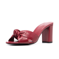Mules Élégantes Bordeaux à Talon Carré Personnalisable pour Femme, Sandales à Gros Talon Nœud et Chaussures à Talon Haut Confortables