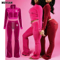 Ensemble de survêtement 2 pièces en velours pour femme avec logo personnalisé, veste et pantalon à rayures latérales, en coton et élasthanne, tenue décontractée d'automne