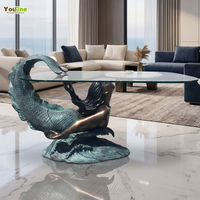 Table basse sirène en bronze sur mesure avec plateau en verre, sculpture artisanale sur le thème de l'océan