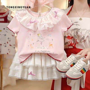 Tongxingyuan Girls Summer Short Sleeve Printed T-Shirt With <b>Cake</b> Skirt Breathable Baby Doll <b>Collar</b> Dress - Product Image 2