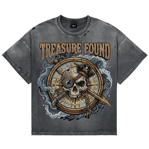 Camisetas de algodón suave y transpirable para hombre, estilo oversize, con estampado gráfico de calavera y brújula, lavado ácido, estilo steampunk, para verano, ropa casual urbana. - Product Image 1