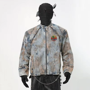 Veste en jean vintage Y2K pour homme DiZNEW, effet délavé et peinture éclaboussée, col montant, fermeture éclair, style <span class=keywords><strong>moto</strong></span> streetwear, vente en gros - Product Image 3