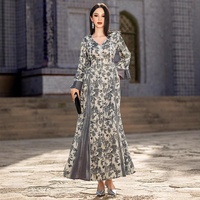 BA5244 gaun Muslim Motif Satin kerah V dengan manik-manik jahitan tangan elegan lengan panjang jubah Timur Tengah