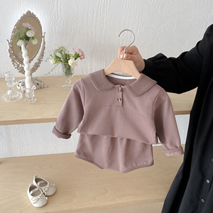 Set di abbigliamento da <span class=keywords><strong>bambina</strong></span> primavera e autunno abito stile occidentale grazioso completo tinta unita traspirante <span class=keywords><strong>pantaloni</strong></span> di pane due pezzi - Product Image 3