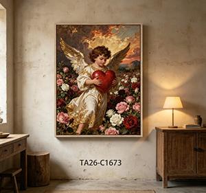 Tableau mural vintage Ange avec cœur, impression de <span class=keywords><strong>peinture</strong></span> à l'huile Jardin de roses romantique, décoration religieuse classique pour salon - Product Image 1