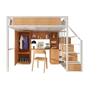 Cama de loft con armario, litera para loft con escritorio, cama completa para loft con escritorio y armarios, taquillas y escaleras