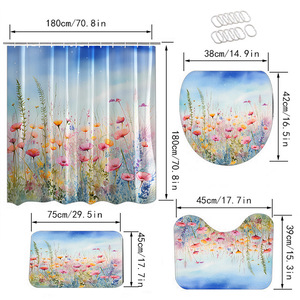 Juego de <span class=keywords><strong>cortinas</strong></span> de baño de cuatro piezas superventas de <span class=keywords><strong>Amazon</strong></span>, cortina de <span class=keywords><strong>ducha</strong></span> impermeable de poliéster con estampado de pradera de flores silvestres de acuarela - Product Image 3