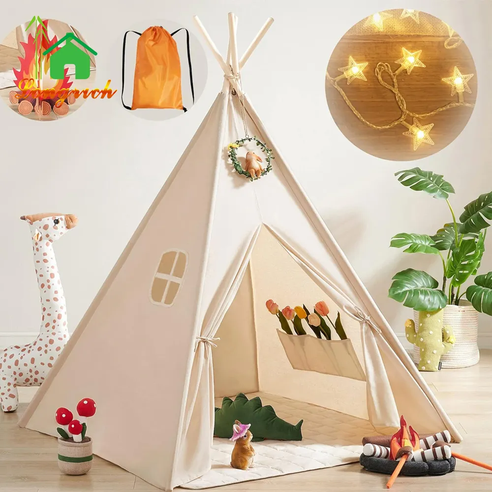 Tienda tipi para niños, tienda plegable de lona de algodón Natural para niños pequeños, juguete de Interior para fiesta