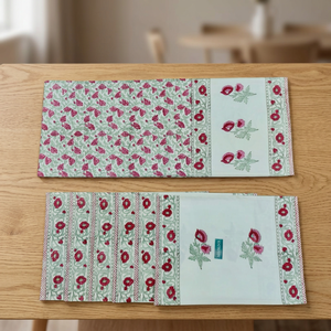 Ensemble de chemin de table et de tapis décoratifs à motifs blancs, rouges et verts |   7 pièces de tissu en coton 100% toile, imprimé à la main, pour la maison et la salle à manger - Product Image 2