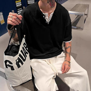 T-shirt Homme d'été à col Henry, effet deux pièces, coupe ample et courte, grammage lourd, uni, écologique, style rétro américain, pour le commerce transfrontalier - Product Image 2