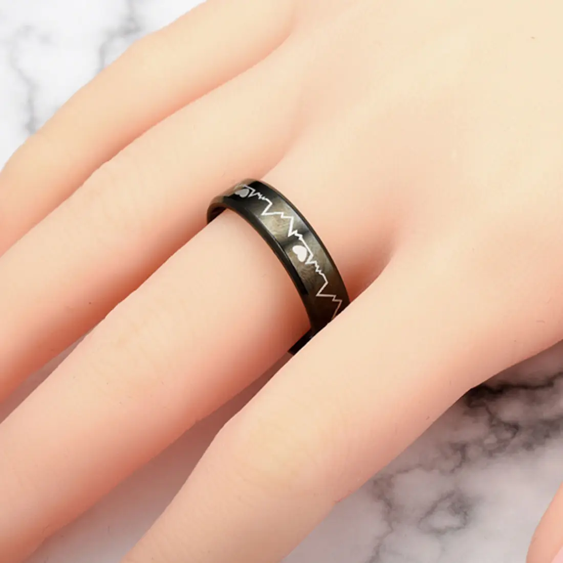 Tungsten nhẫn khắc 8 mét tungsten carbide Đen nhịp tim tungsten carbide Wedding ban nhạc đồ trang sức cho nam giới Vòng
