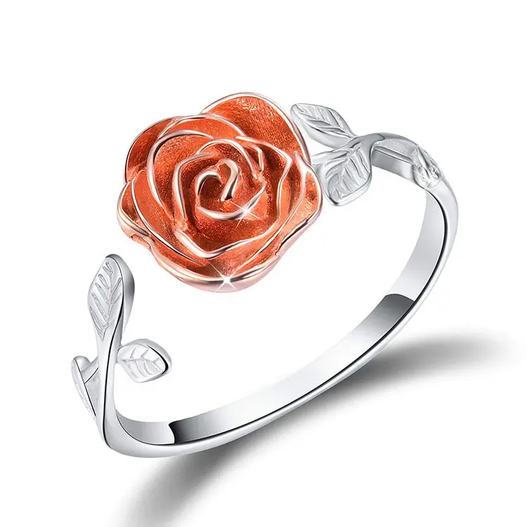 S925 Sterling Silver Rose Open Ring 3D Rose Flower Adjustable Ring Jewelry for Women