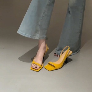 Yellow Faux Leather Open Toe Slingback Heeled <b>Sandals</b> With Stiletto Heel Summer Fashion Women Shoes Drop Shipping - Product Image 4