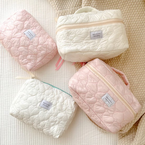 Down-filled cotton candy-colored cosmetic <b>bag</b>, travel storage <b>bag</b>, toiletry <b>bag</b>, embroidered <b>heart</b>-<b>shaped</b> large-capacity cute - Product Image 1