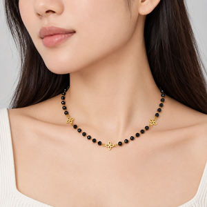 Collier floral en cristal noir, acier inoxydable, plaqué or 14 carats, chaîne à perles, 41+5 cm, 6,8 g - Product Image 5