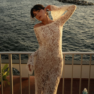 Chic Sang Trọng Ngà Tắt Vai loe Dài Tay Áo Trong Suốt Sheer Hoa Ren Bodycon Maxi Trang Phục Chính Thức Dịp Ăn Mặc - Product Image 1