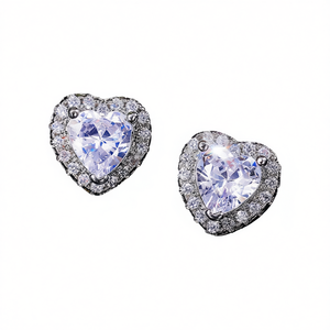 Orecchini a forma di cuore con cristalli per donna, gioielli romantici da matrimonio, montatura a griffe in lega di zinco, tono argento. - Product Image 1