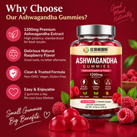 Complément alimentaire personnalisé en marque privée OEM ODM, gommes à l'ashwagandha, 120 unités, saveur framboise, végétalien, sans OGM, sans gluten, formule personnalisée