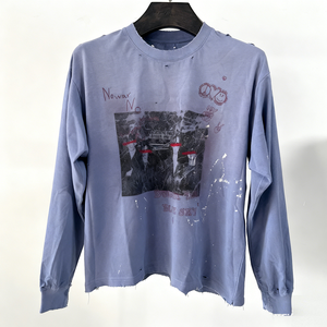 Chất Lượng Cao Biểu Tượng Tùy Chỉnh 100% Cotton In Ấn T-Shirt Rửa Mặt Trời Faded Thời Trang Phố Lỏng Đau Khổ Của Nam Giới Dài Tay Áo T Áo Sơ Mi - Product Image 1