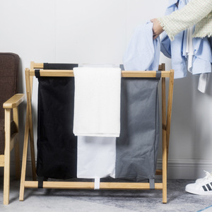 <b>Collapsible</b> Bamboo Frame Laundry Basket 3 Compartment Oxford Fabric Foldable <b>Storage</b> Organizer for Clothing - Product Image 1