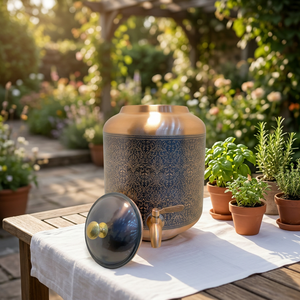 Premium Antique <b>Copper</b> Water Dispenser Tank 05L Vintage Damask Etched Ayurvedic Matka Leakproof Metal Beverage Server with Tap - Product Image 1