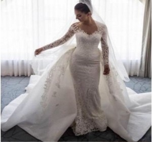<span class=keywords><strong>Robe</strong></span> <span class=keywords><strong>de</strong></span> <span class=keywords><strong>mariée</strong></span> sirène blanche 2026, coupe ajustée, avec dentelle, taille <span class=keywords><strong>mi</strong></span>-haute et nœud, à porter <span class=keywords><strong>de</strong></span> deux façons - Product Image 1