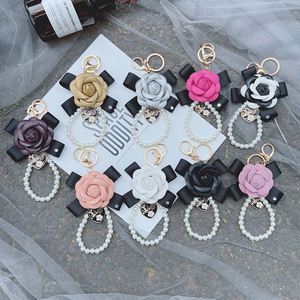 Elegant Pearl Camellia <b>Keychain</b> Bowknot Handmade Ladies Bag Pendant Bow <b>Leather</b> Flower <b>Keychain</b> - Product Image 4