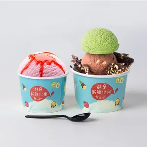 Food Grade Custom Printed 3/5/8/16/18 Oz Disposable Ice Cream Wall Paper Gelato Cups With Lid And Spoon