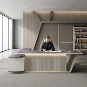 Scrivania Direzionale a L di Lusso Moderna per CEO, Finitura Nero-Oro in <span class=keywords><strong>MFC</strong></span>, Progetto Ufficio Aziendale High-Tech, Produzione Diretta ODM/OEM - Product Image 1