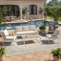 Ensemble de mobilier d'extérieur moderne et minimaliste en aluminium 5 pièces avec table aspect bois pour hôtels et parcs, idéal pour la cour et le bord de piscine