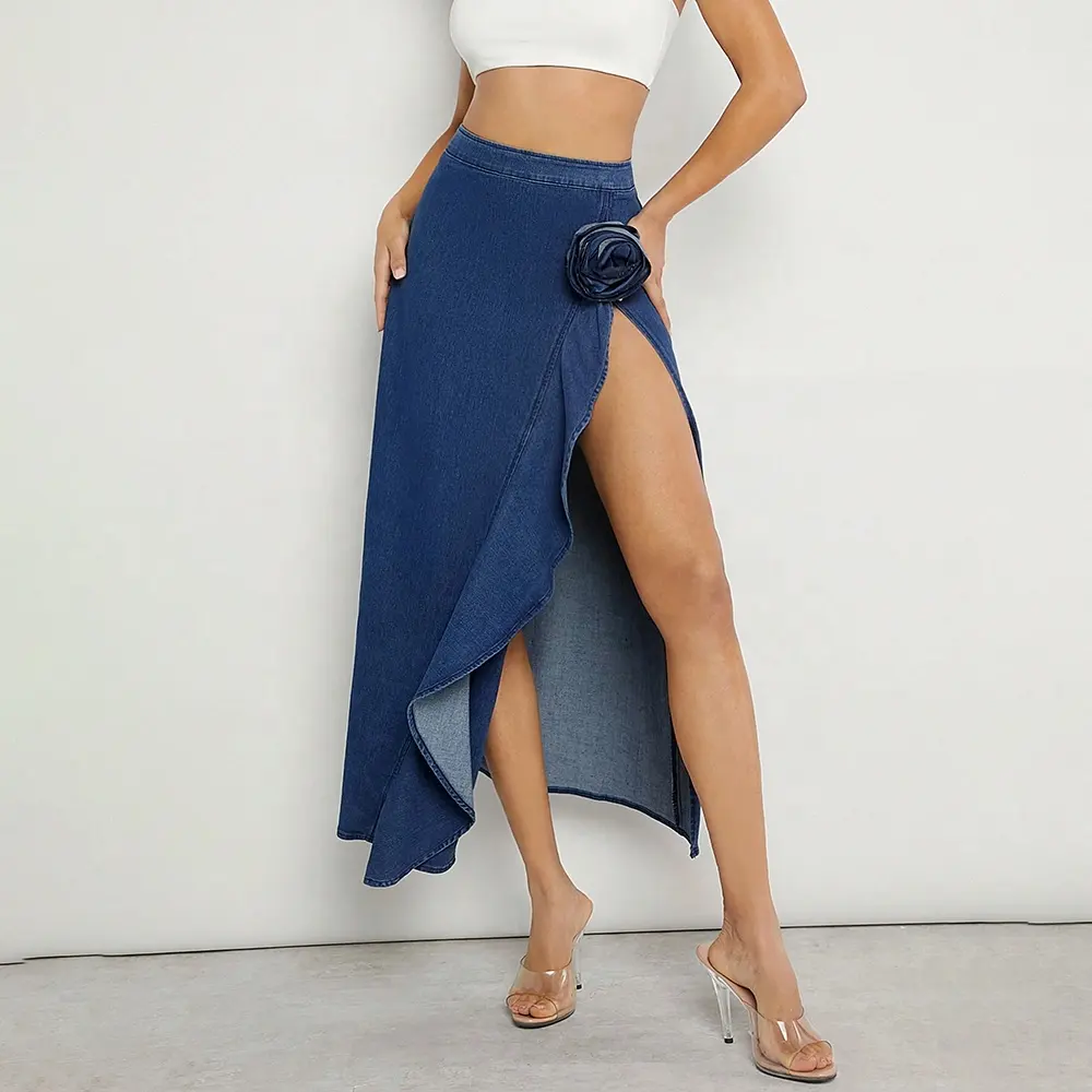 WS188 personalizado largo Jean falda Maxi Denim Falda asimétrica mujeres Maxi falda