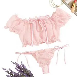 L3573 Lovely cute lace women top bra with short sleeve and panties set frilly lace private label sexy lingerie