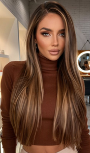 สีน้ำตาลเข้มไฮไลท์สีทอง ผมตรงยาวแบบไหมสังเคราะห์ ต่อผมแบบคลิป 6 ชิ้น ชุดเส้นใยสังเคราะห์ ยาว 26 นิ้ว - Product Image 2