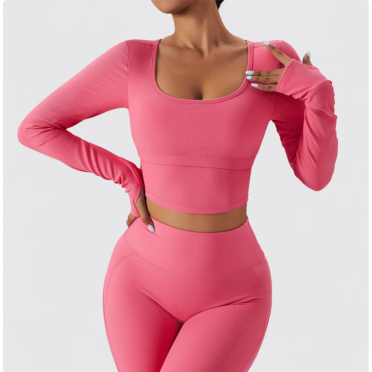 YHT 2022 Eco-Friendly Plus Size Winter Quick Dry Long-sleeved Low Neck Solid Sports Tops Leggings Yoga Sets Gym Clothing Women