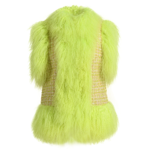 Gilet in <span class=keywords><strong>Tweed</strong></span> con finiture in vera pelliccia per donna Gilet da donna in misto lana senza maniche Gilet in <span class=keywords><strong>Tweed</strong></span> con pelliccia mongoliana - Product Image 5