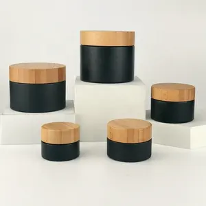 Matte Black Glass Jars 250 G 200g 150g 100g 50g 30g 15g Frosted Black Glass Jar With Wooden Lid For Cosmetic Jar